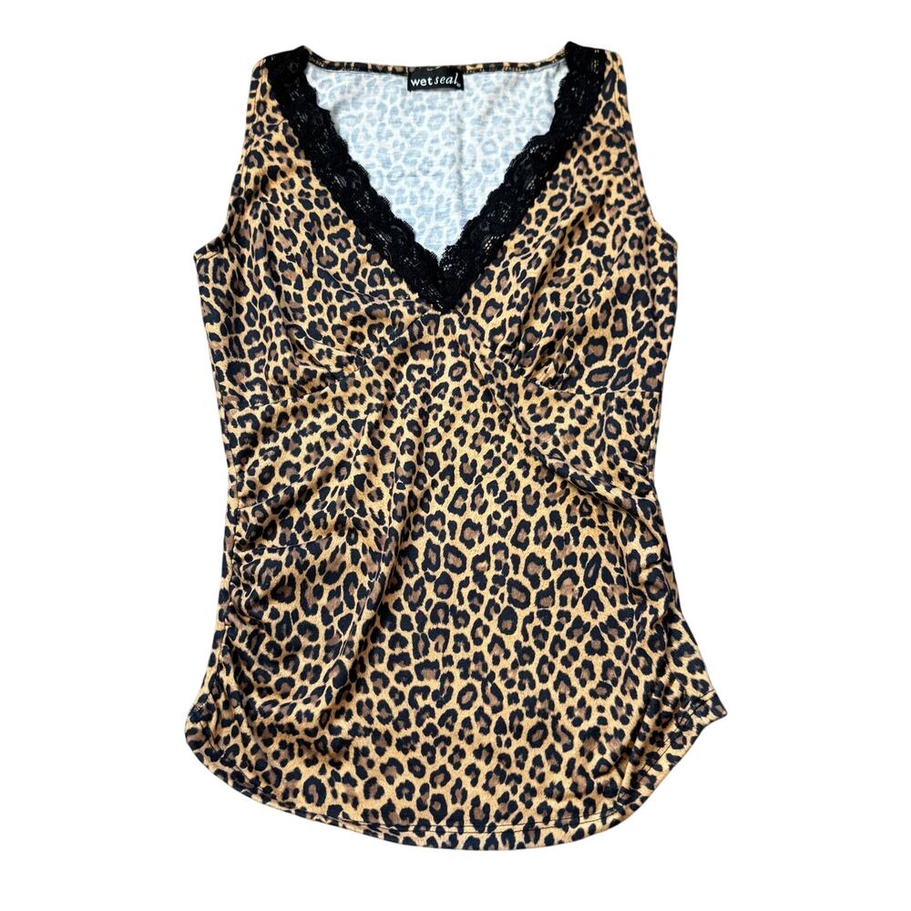 Y2K Babydoll Ruched Cheetah Top Wet Seal Size Small USA Brittany Leopard VTG